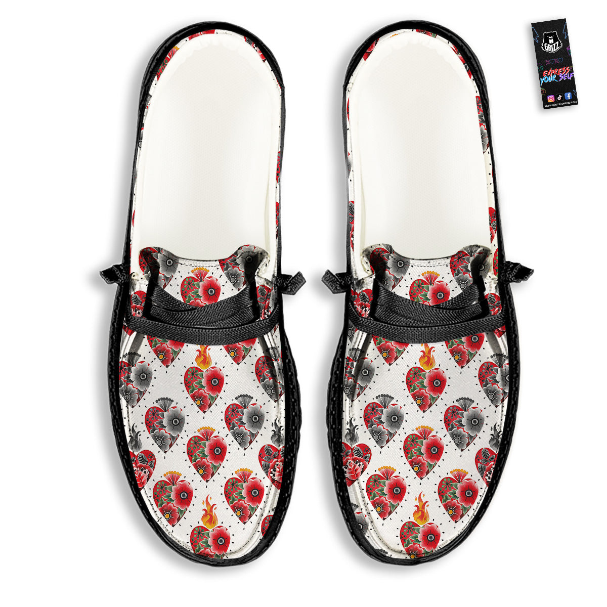 Watercolor Flaming Heart Tattoo Print Pattern Black Loafers-grizzshop