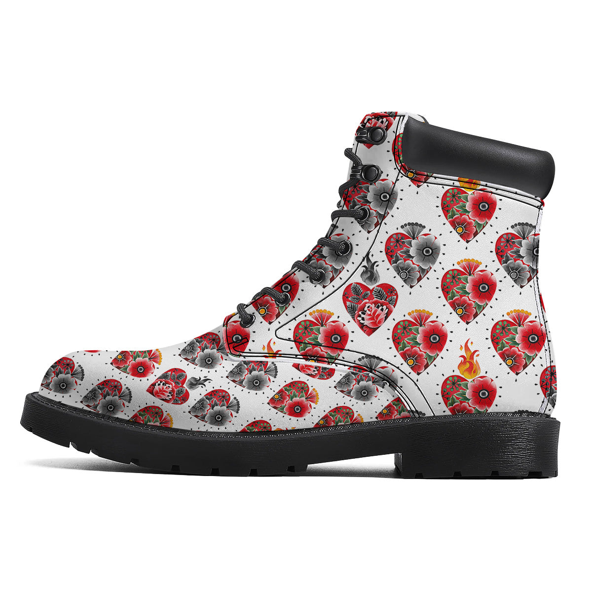 Watercolor Flaming Heart Tattoo Print Pattern Boots-grizzshop
