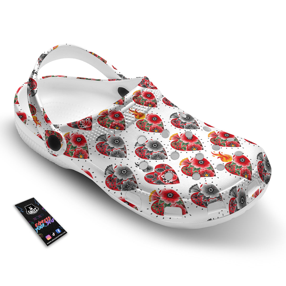 Watercolor Flaming Heart Tattoo Print Pattern Clog-grizzshop