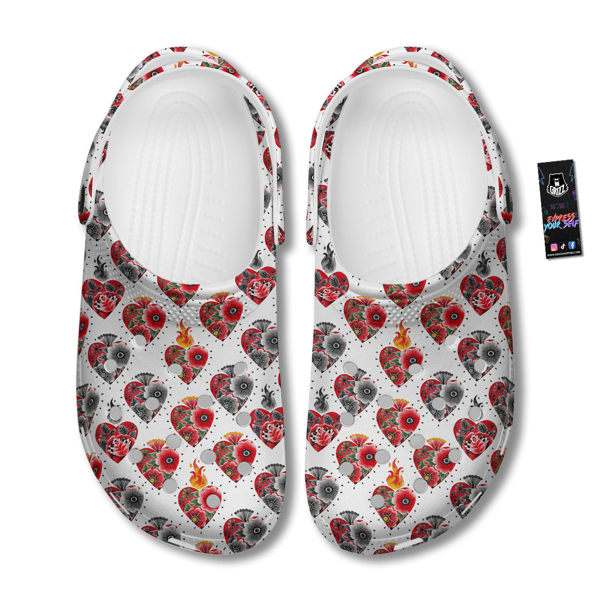Watercolor Flaming Heart Tattoo Print Pattern Clog-grizzshop