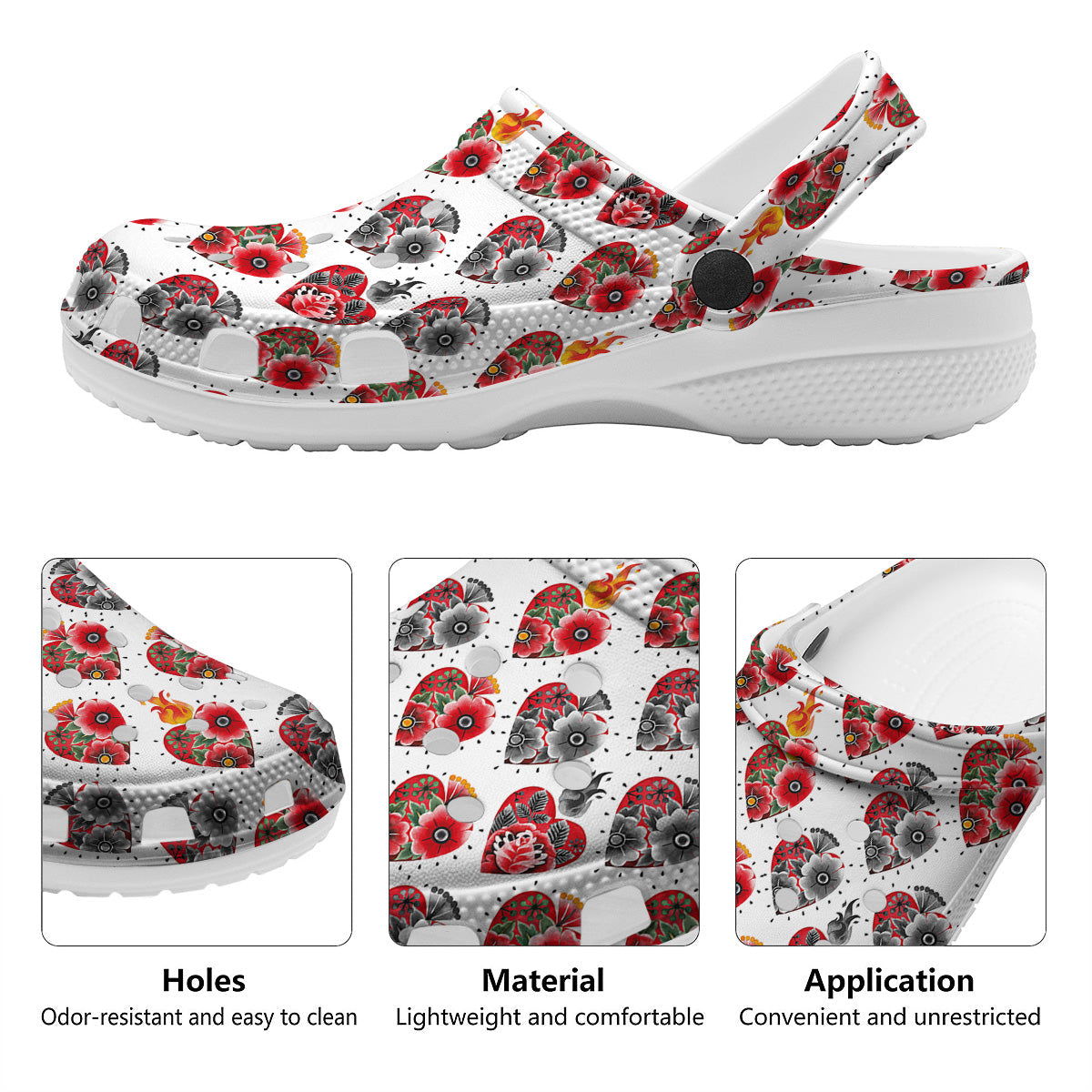 Watercolor Flaming Heart Tattoo Print Pattern Clog-grizzshop