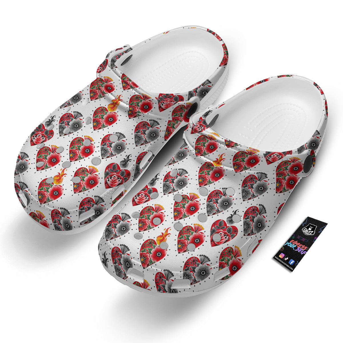 Watercolor Flaming Heart Tattoo Print Pattern Clog-grizzshop