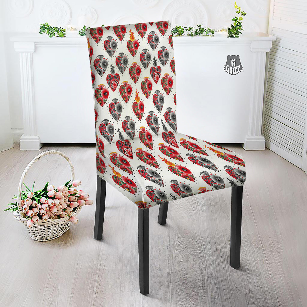 Watercolor Flaming Heart Tattoo Print Pattern Dining Chair Slipcover-grizzshop
