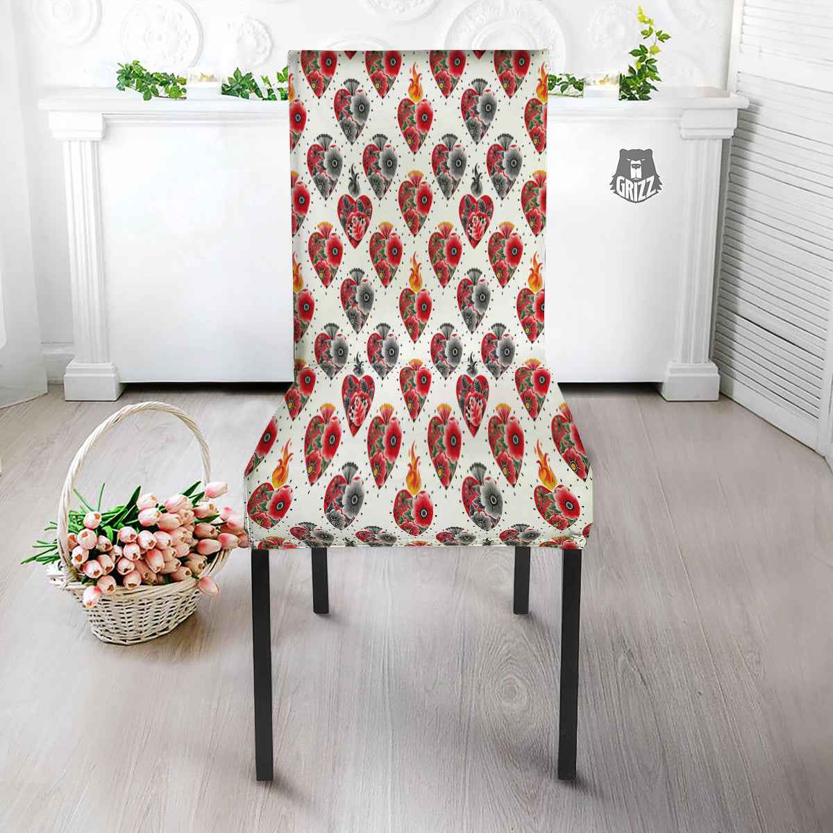 Watercolor Flaming Heart Tattoo Print Pattern Dining Chair Slipcover-grizzshop