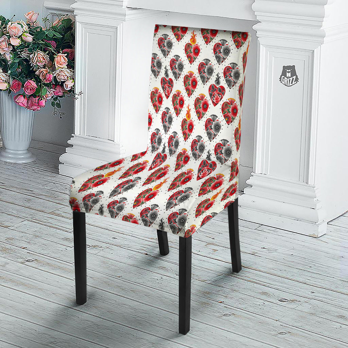 Watercolor Flaming Heart Tattoo Print Pattern Dining Chair Slipcover-grizzshop