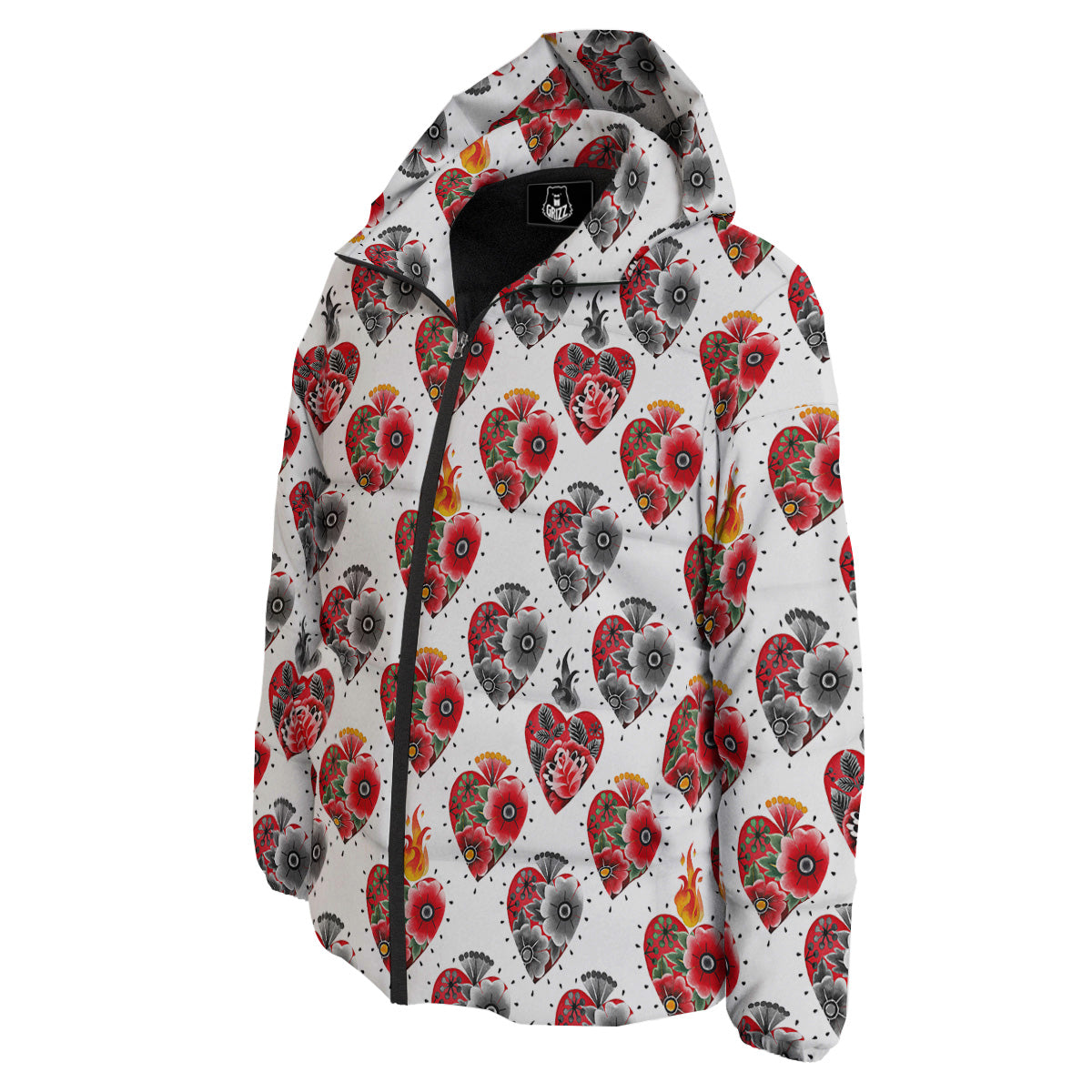 Watercolor Flaming Heart Tattoo Print Pattern Down Jacket-grizzshop
