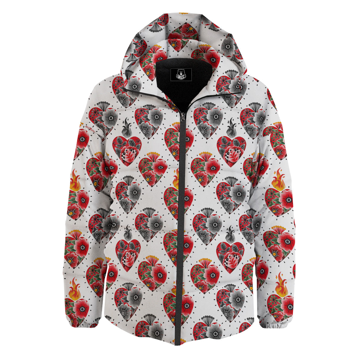 Watercolor Flaming Heart Tattoo Print Pattern Down Jacket-grizzshop