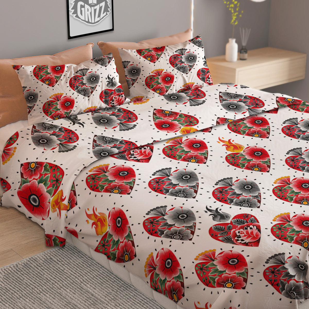 Watercolor Flaming Heart Tattoo Print Pattern Duvet Cover Bedding Set