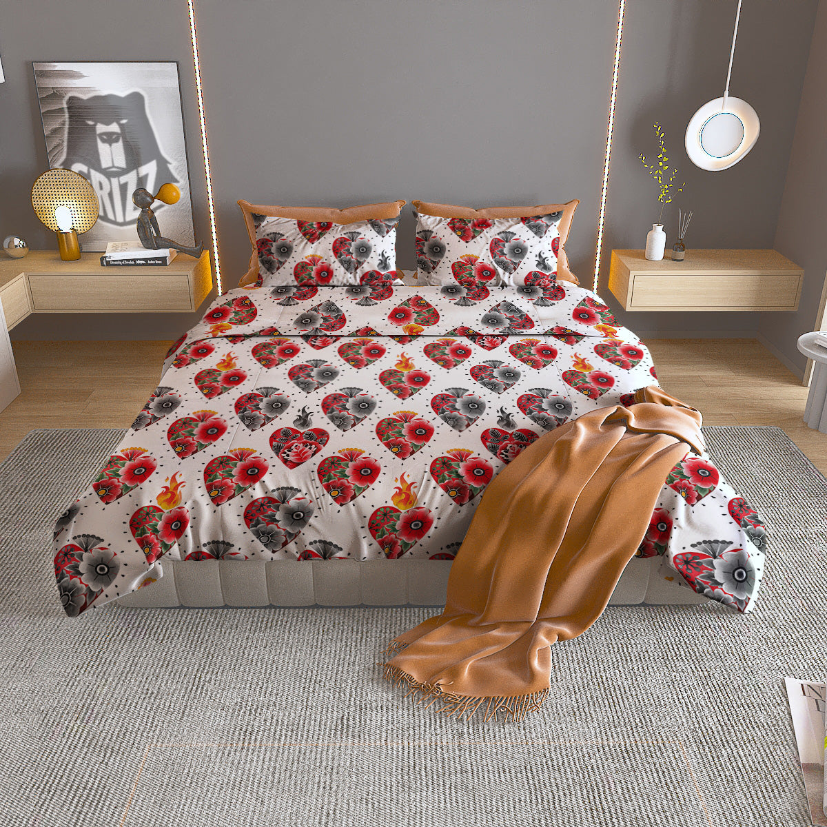 Watercolor Flaming Heart Tattoo Print Pattern Duvet Cover Bedding Set