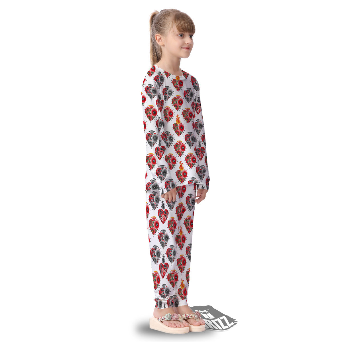 Watercolor Flaming Heart Tattoo Print Pattern Kid's Pajamas-grizzshop