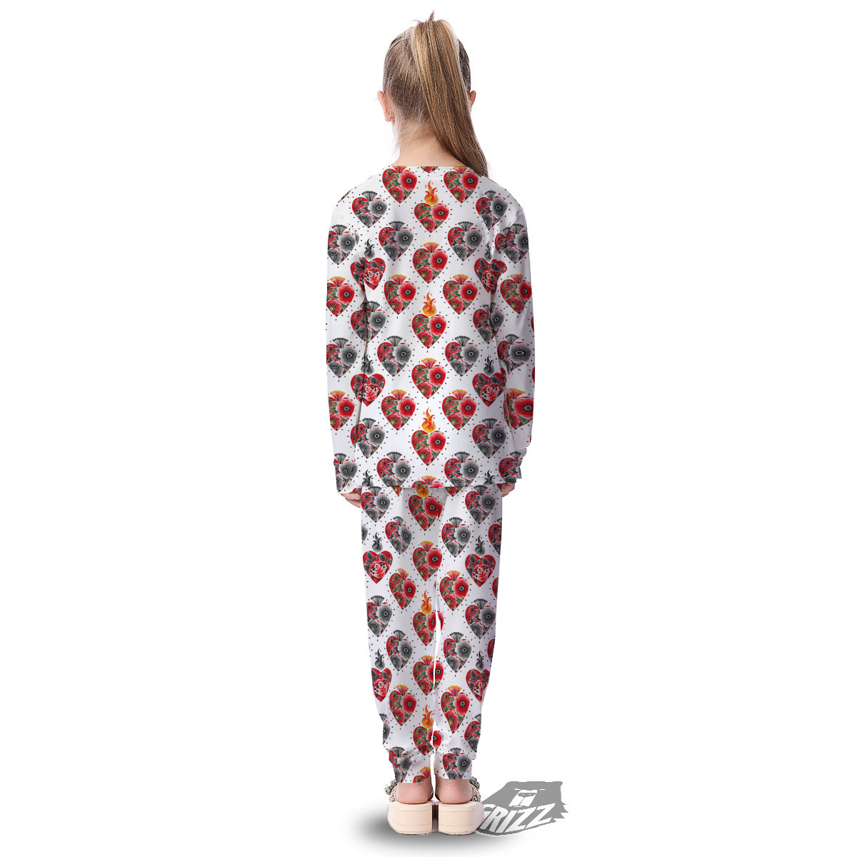 Watercolor Flaming Heart Tattoo Print Pattern Kid's Pajamas-grizzshop
