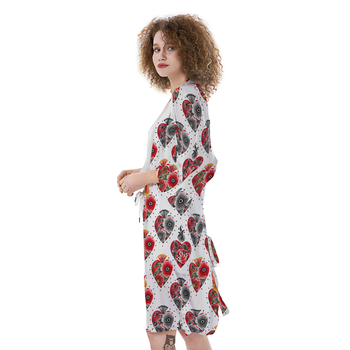Watercolor Flaming Heart Tattoo Print Pattern Kimono-grizzshop
