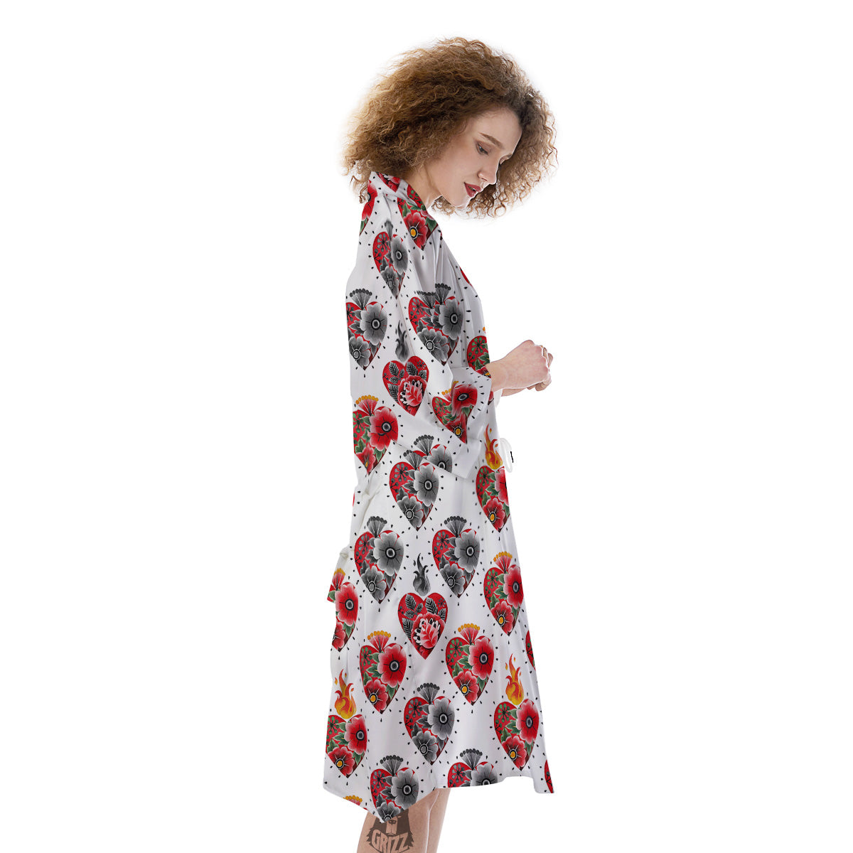 Watercolor Flaming Heart Tattoo Print Pattern Kimono-grizzshop
