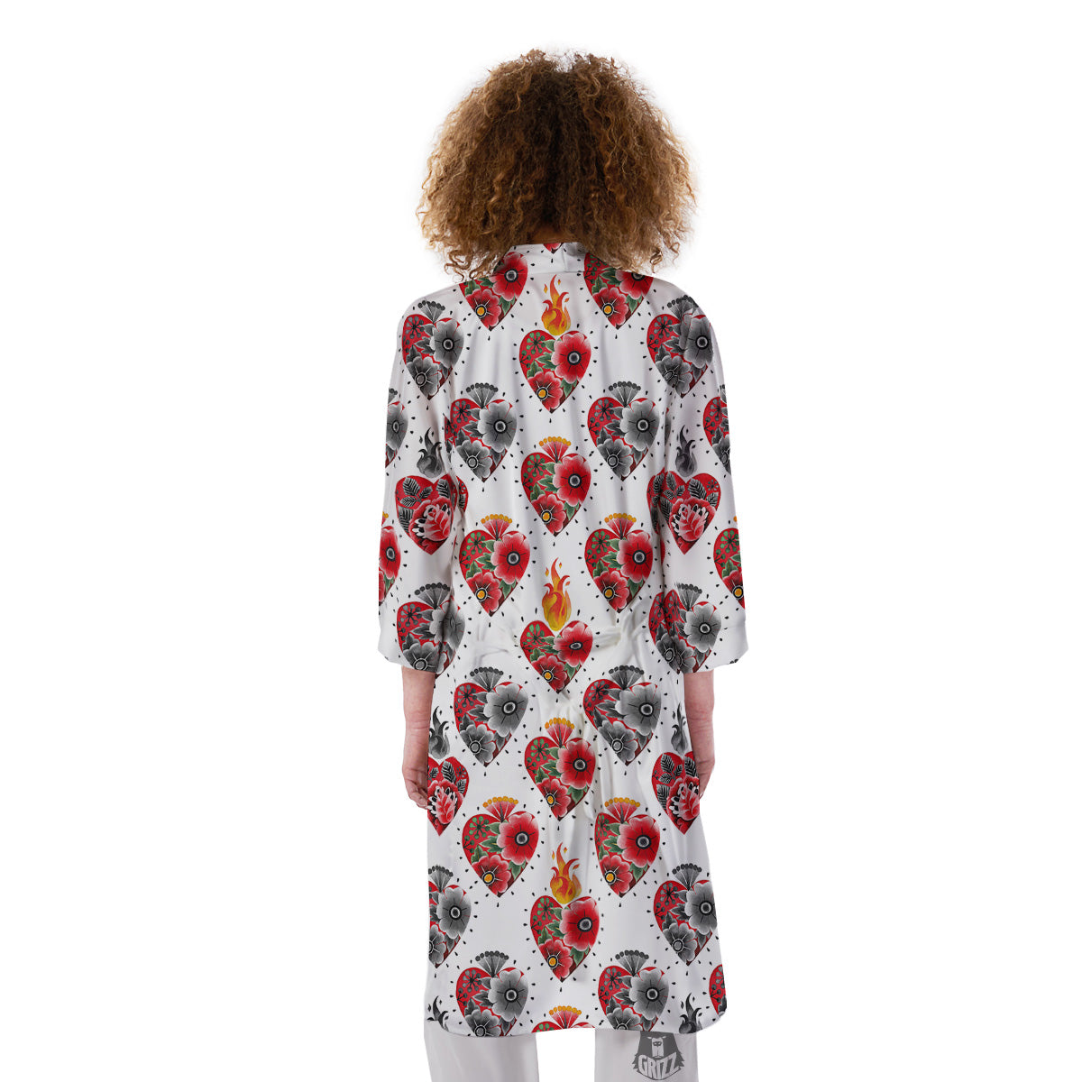Watercolor Flaming Heart Tattoo Print Pattern Kimono-grizzshop