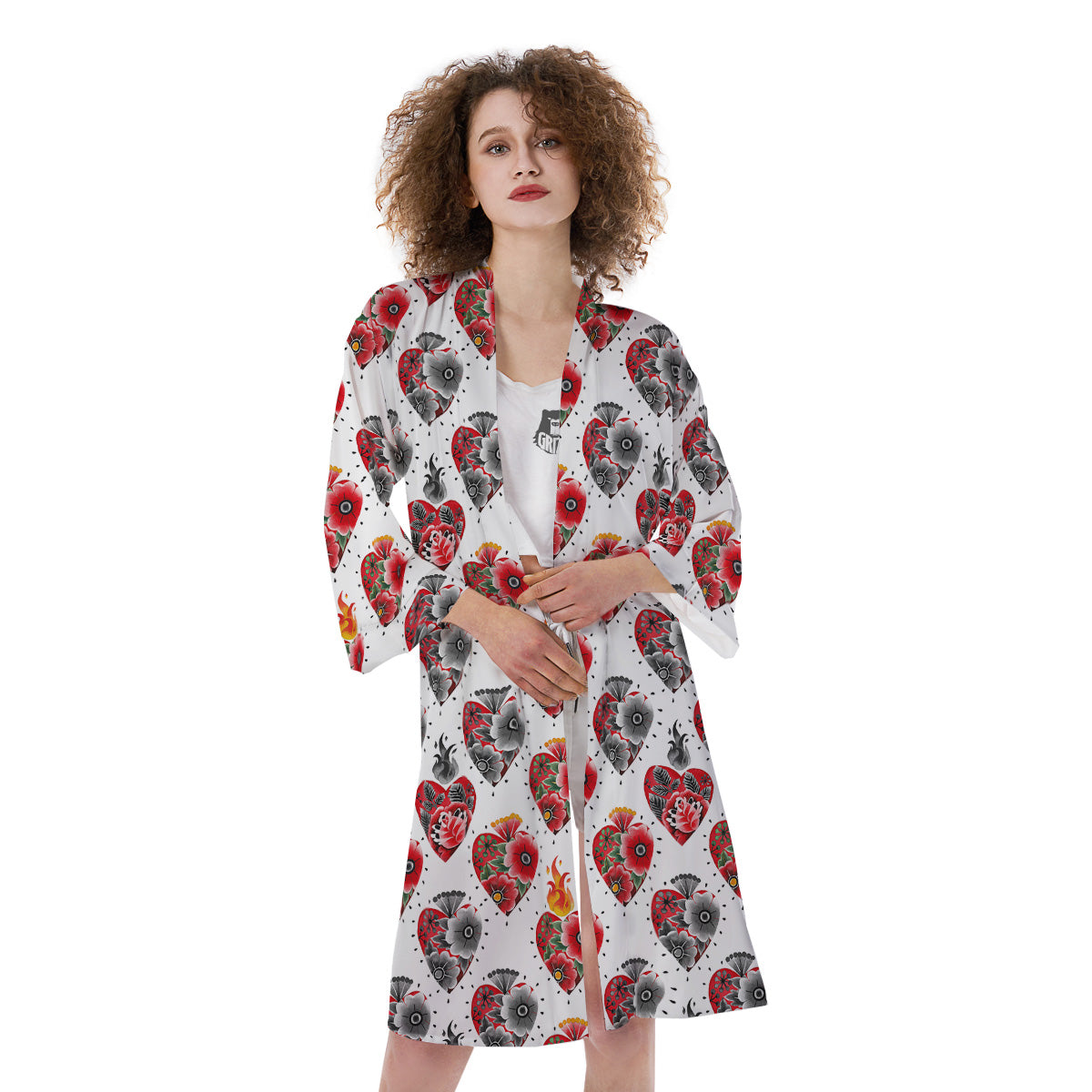 Watercolor Flaming Heart Tattoo Print Pattern Kimono-grizzshop