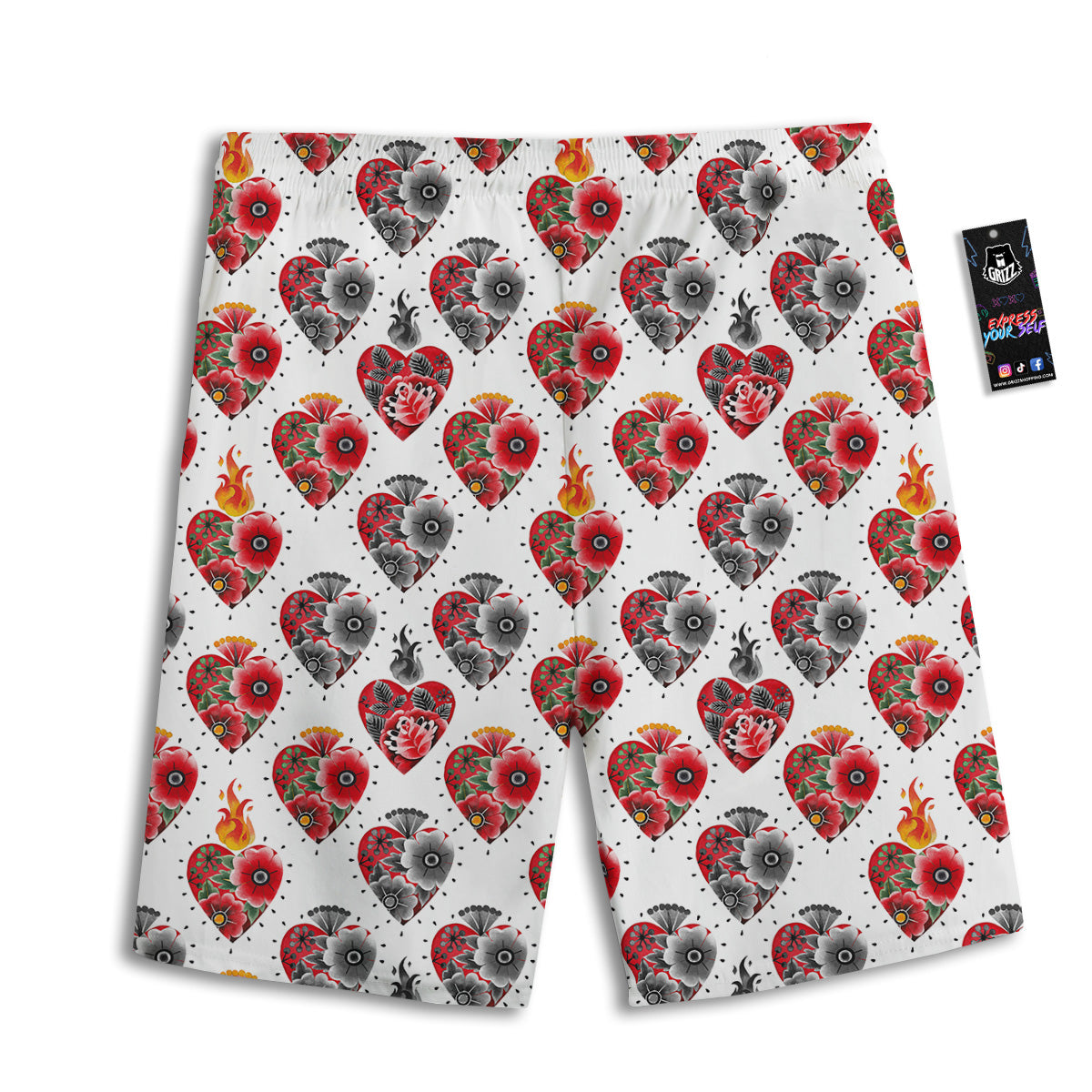 Watercolor Flaming Heart Tattoo Print Pattern Men's Athletic Shorts
