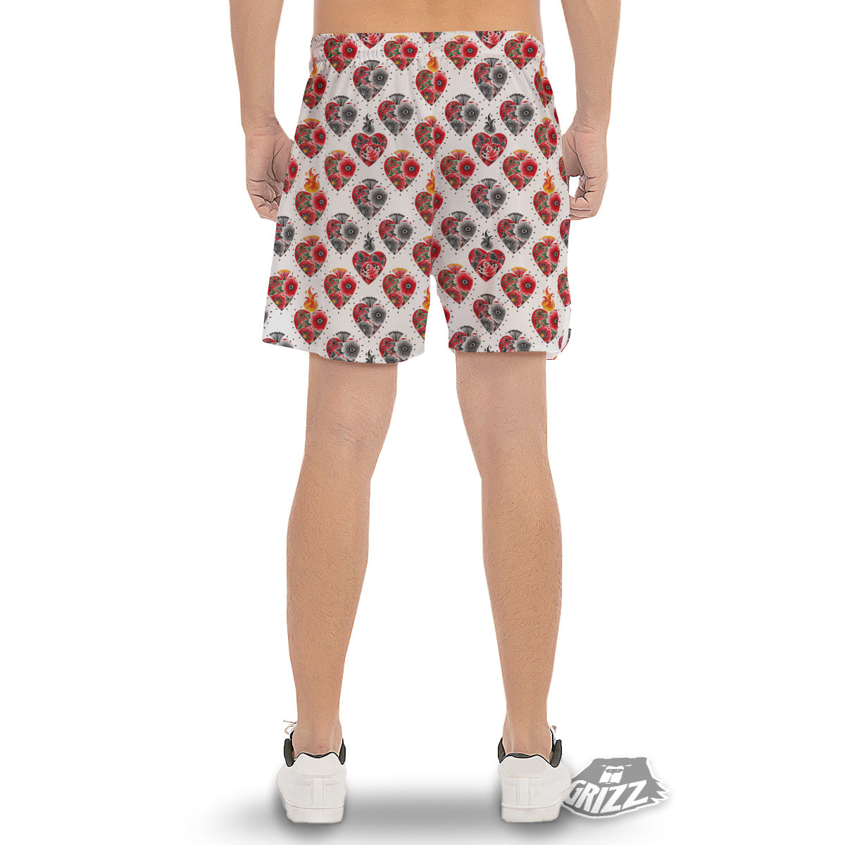 Watercolor Flaming Heart Tattoo Print Pattern Men's Gym Shorts-grizzshop