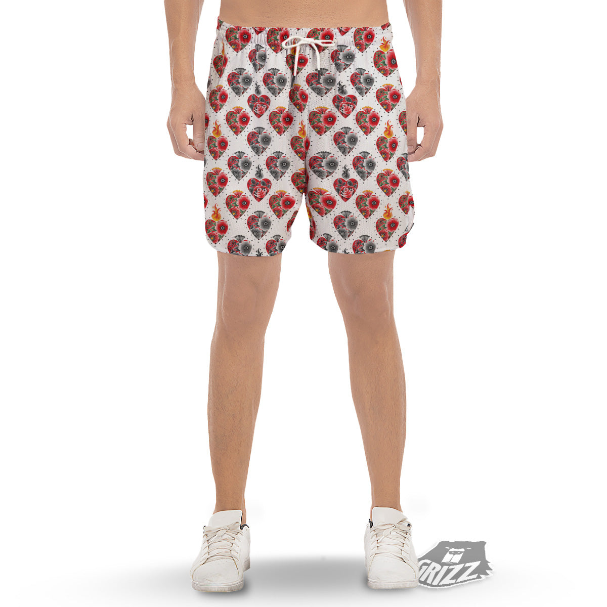 Watercolor Flaming Heart Tattoo Print Pattern Men's Gym Shorts-grizzshop