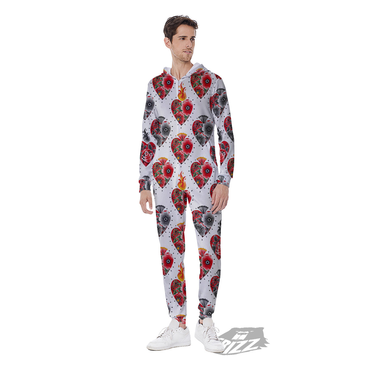 Watercolor Flaming Heart Tattoo Print Pattern Men's Jumpsuit-grizzshop