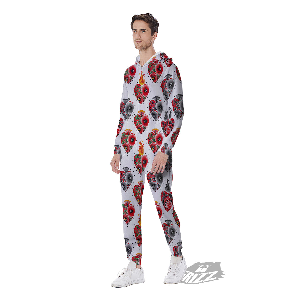 Watercolor Flaming Heart Tattoo Print Pattern Men's Jumpsuit-grizzshop