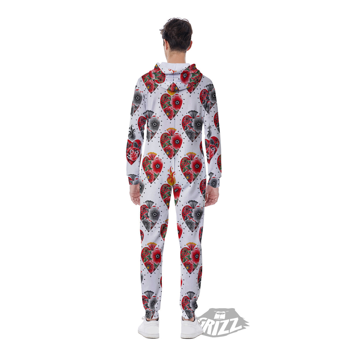 Watercolor Flaming Heart Tattoo Print Pattern Men's Jumpsuit-grizzshop