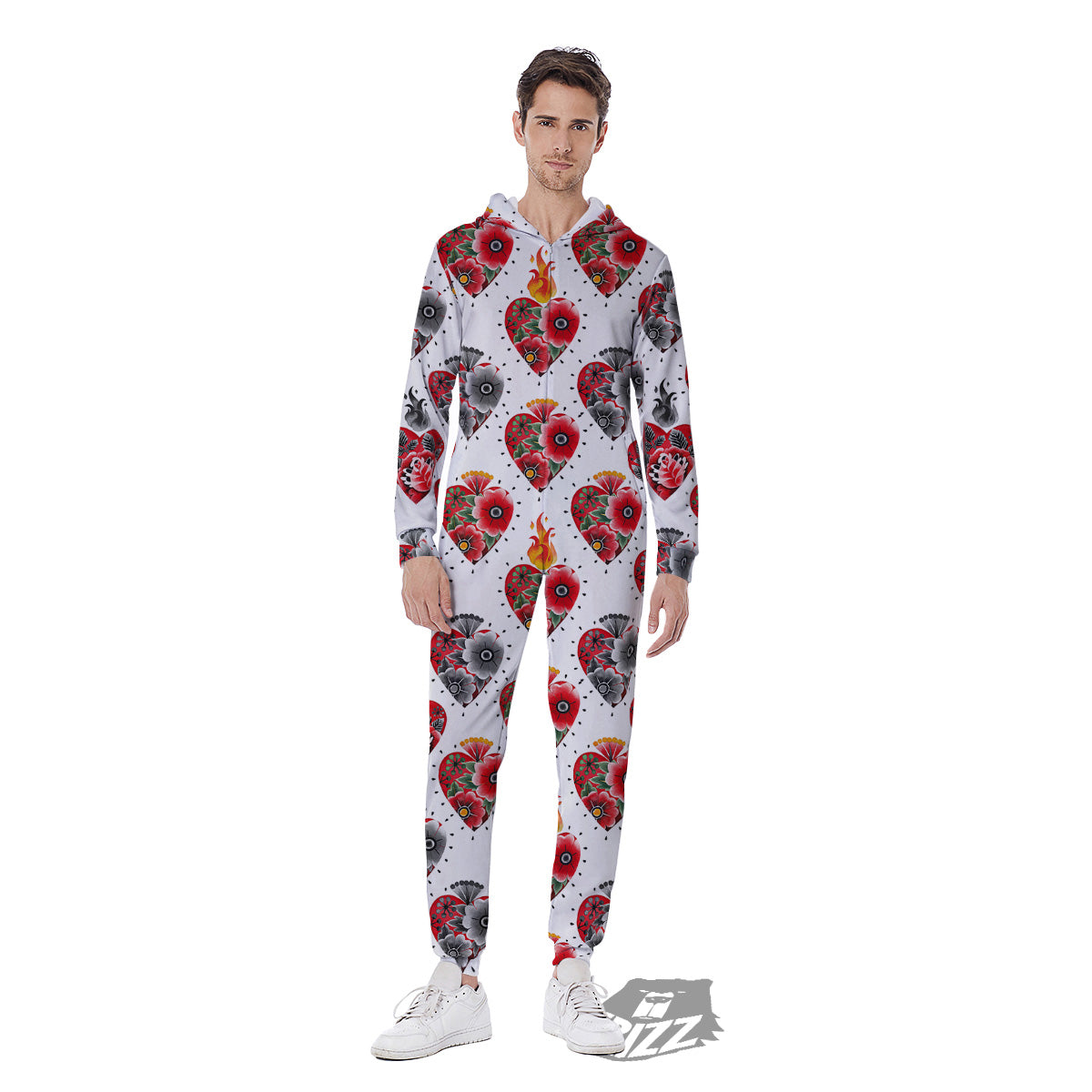Watercolor Flaming Heart Tattoo Print Pattern Men's Jumpsuit-grizzshop