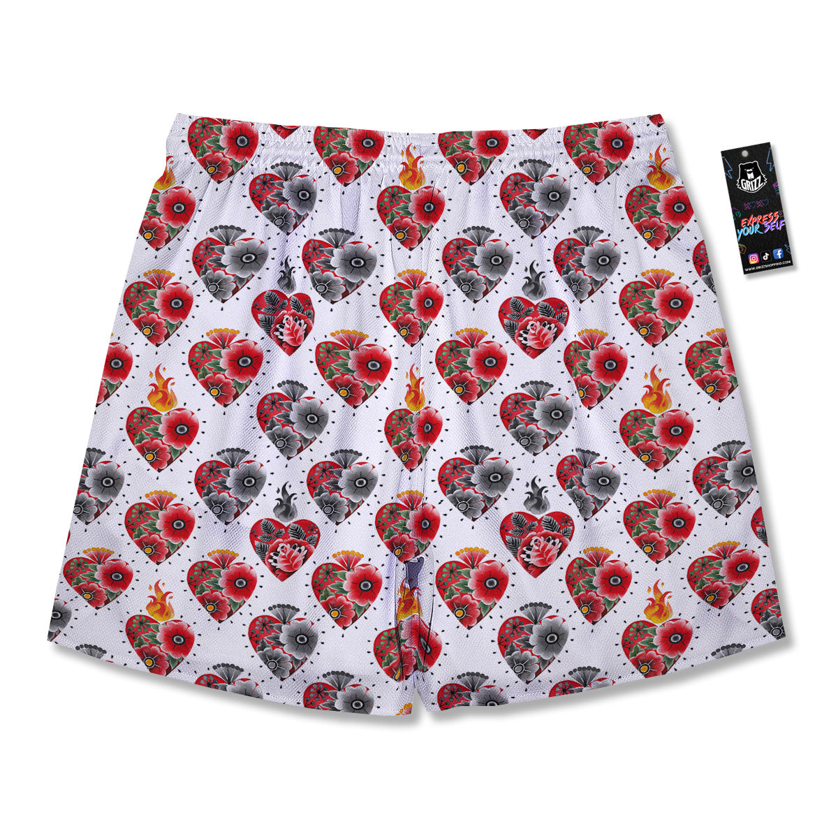 Watercolor Flaming Heart Tattoo Print Pattern Men's Running Shorts-grizzshop