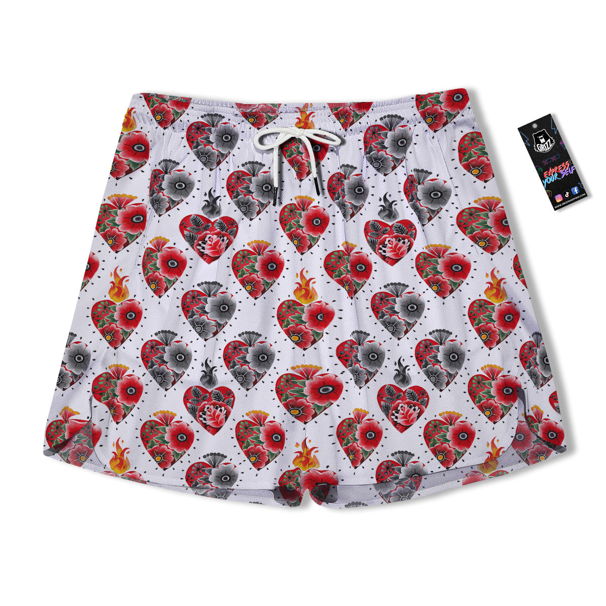 Watercolor Flaming Heart Tattoo Print Pattern Men's Running Shorts-grizzshop