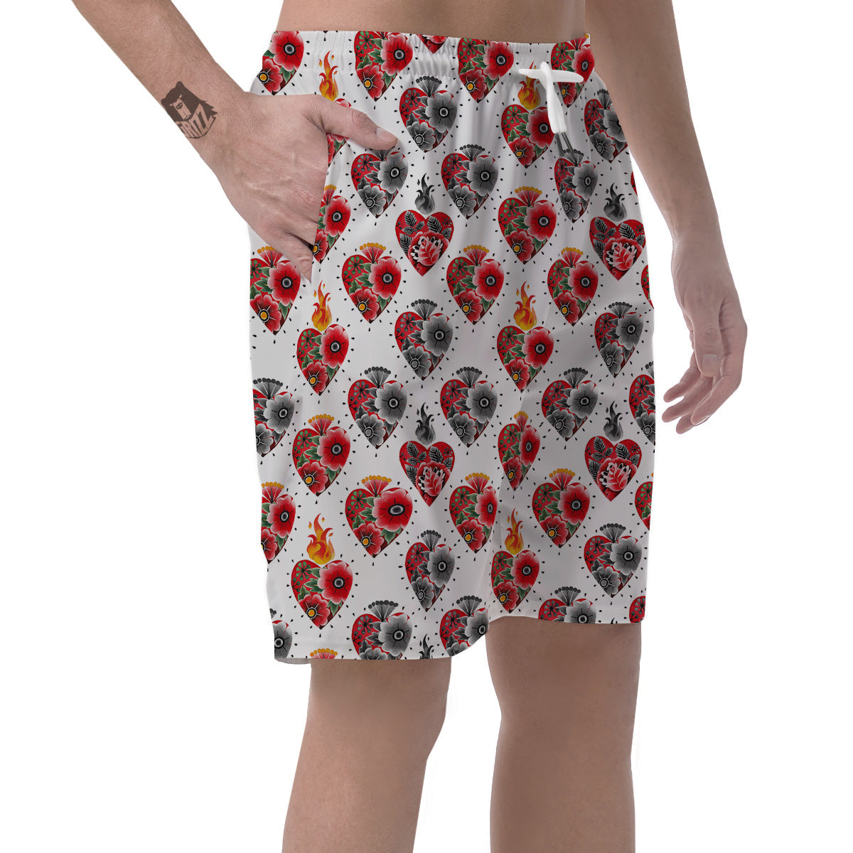 Watercolor Flaming Heart Tattoo Print Pattern Men's Shorts-grizzshop