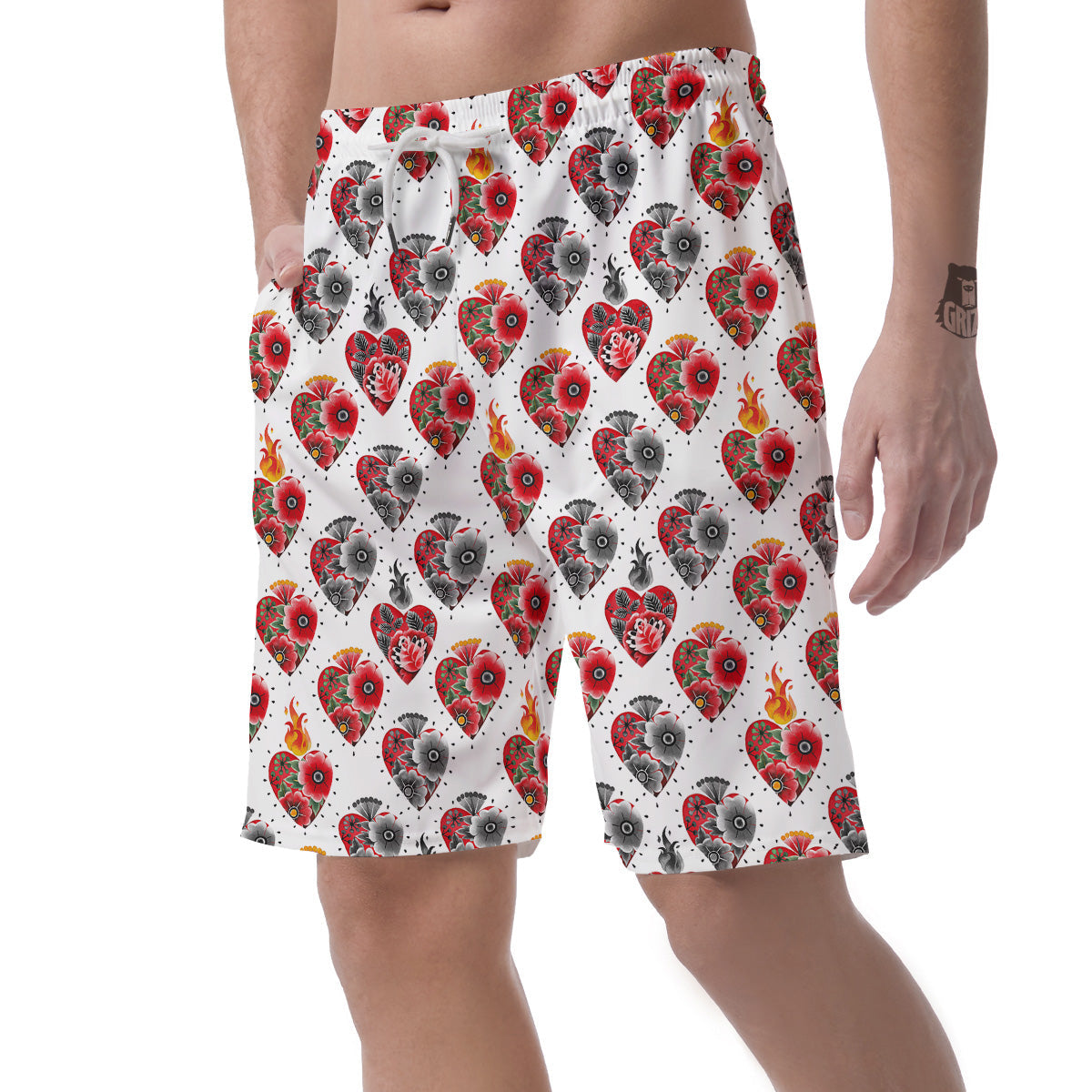 Watercolor Flaming Heart Tattoo Print Pattern Men's Shorts-grizzshop