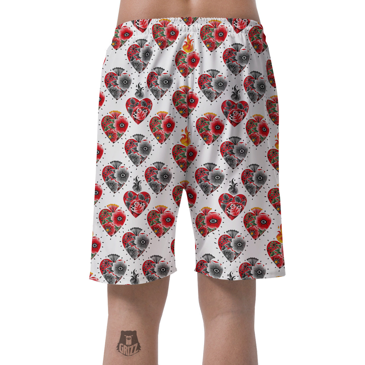 Watercolor Flaming Heart Tattoo Print Pattern Men's Shorts-grizzshop