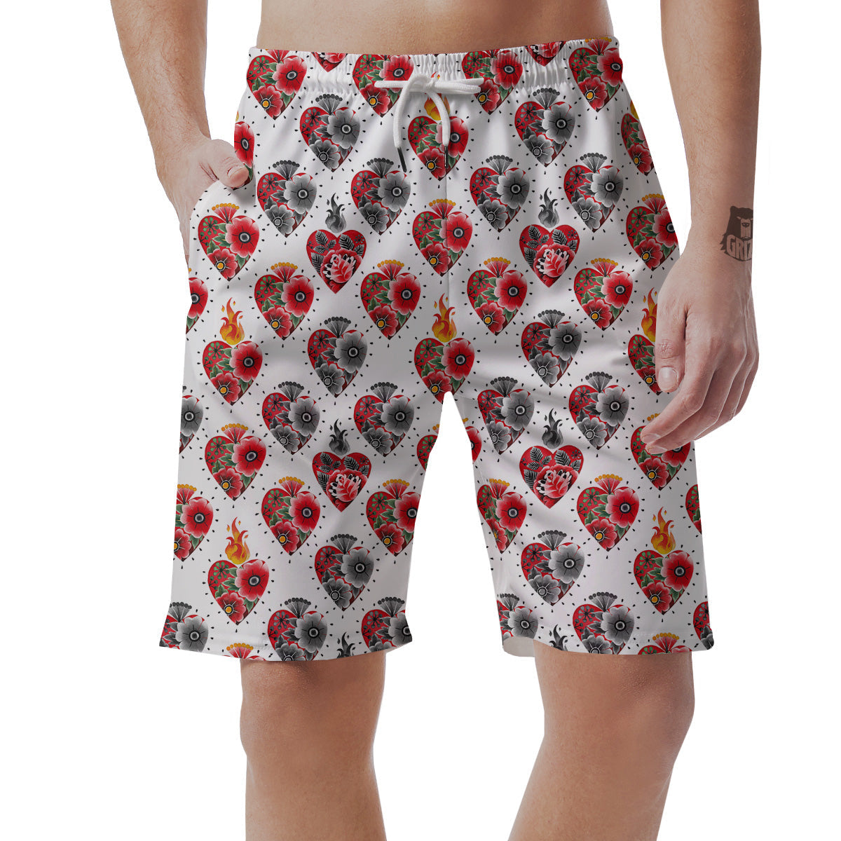 Watercolor Flaming Heart Tattoo Print Pattern Men's Shorts-grizzshop