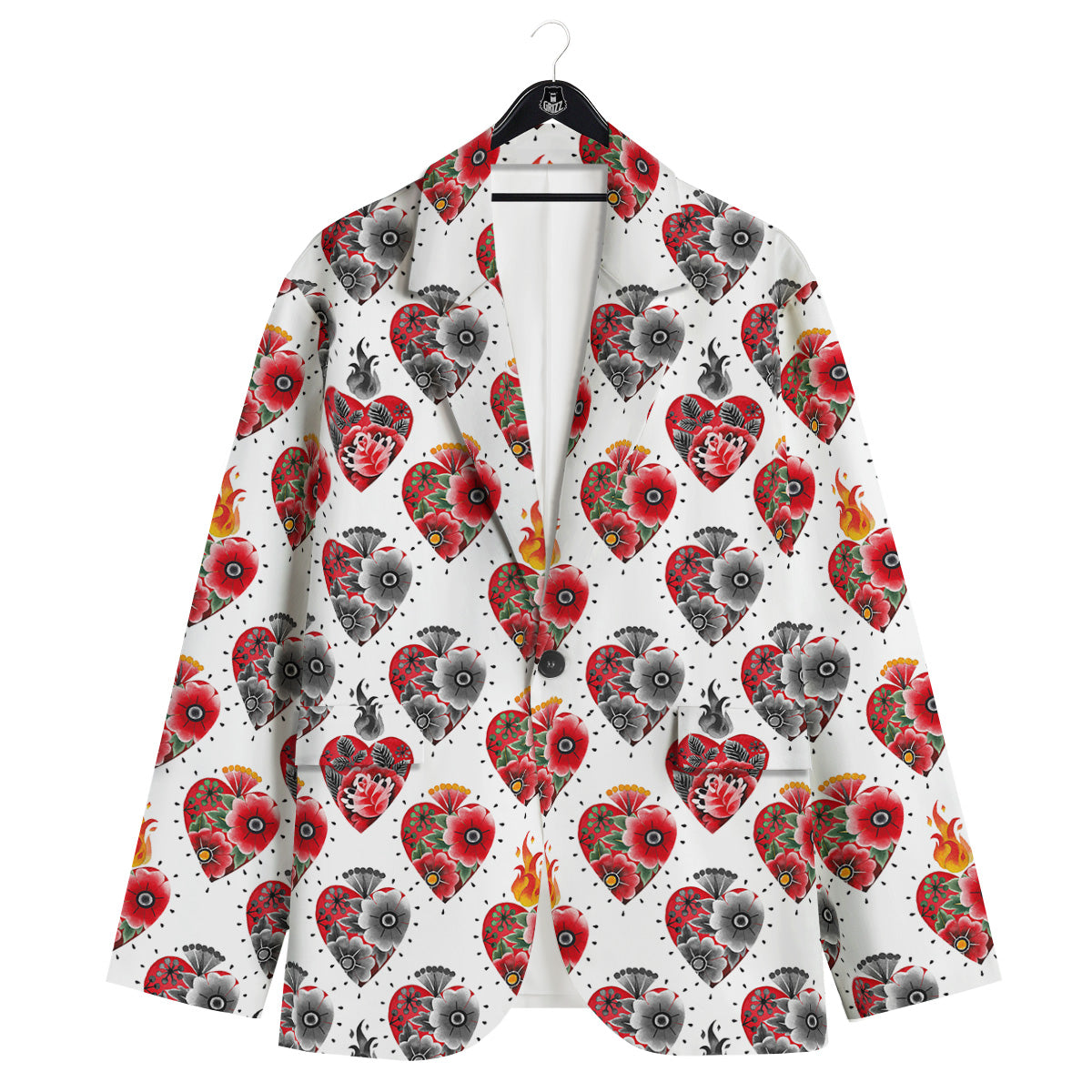Watercolor Flaming Heart Tattoo Print Pattern Men's Sport Coat-grizzshop