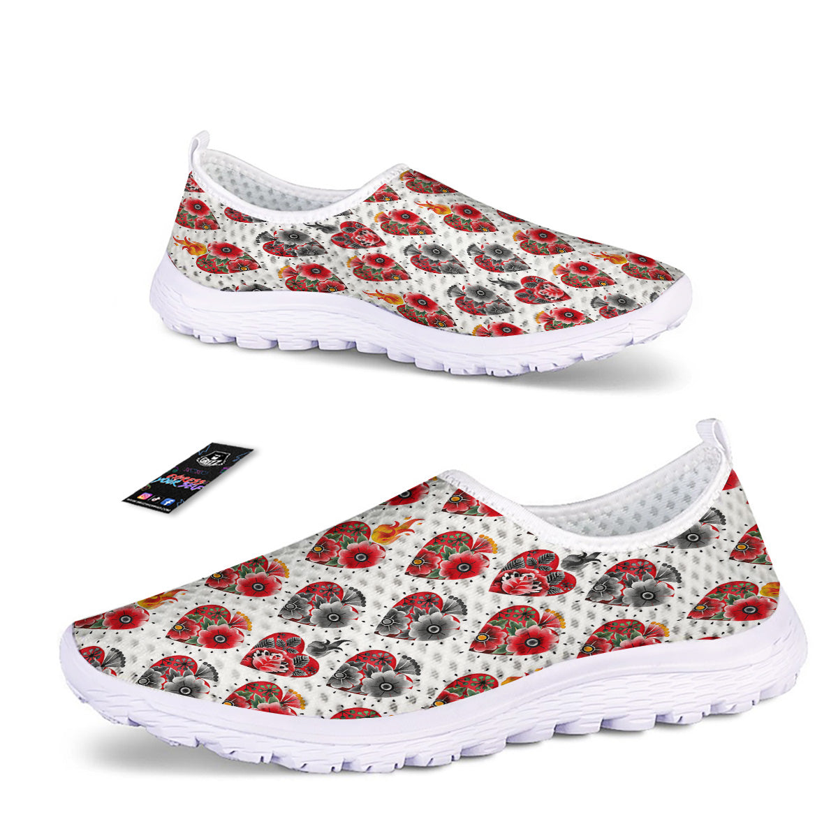 Watercolor Flaming Heart Tattoo Print Pattern Nurse Shoes-grizzshop