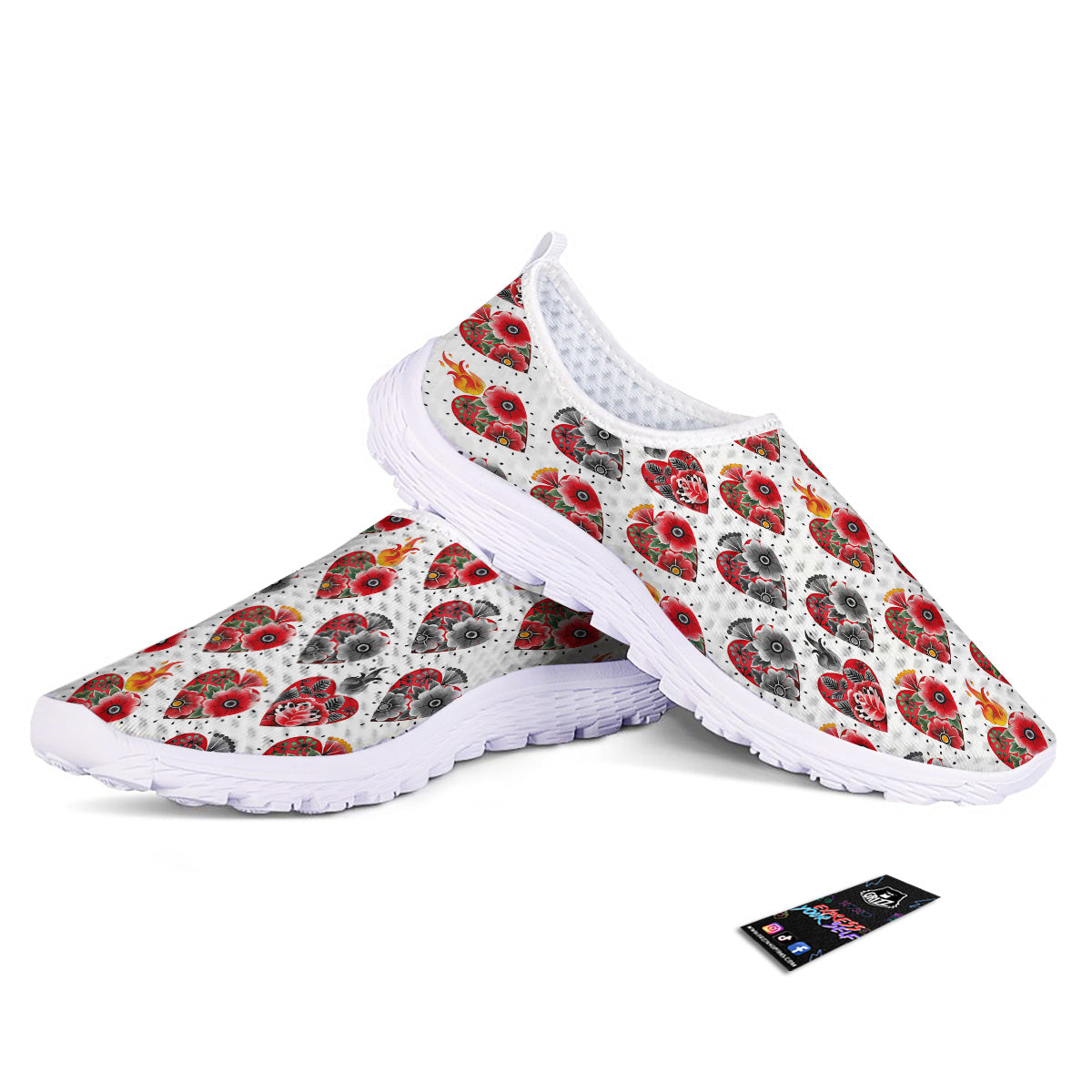 Watercolor Flaming Heart Tattoo Print Pattern Nurse Shoes-grizzshop