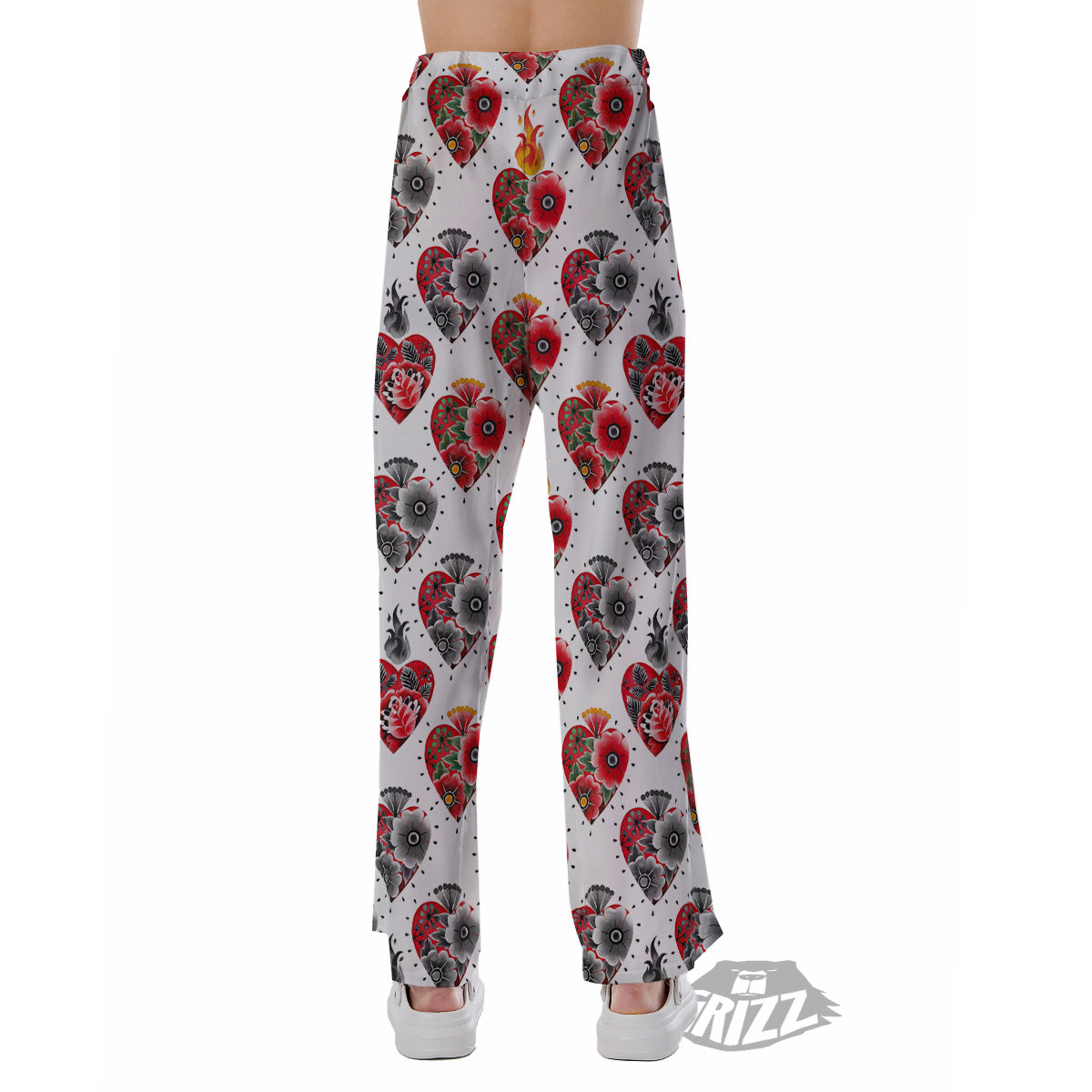 Watercolor Flaming Heart Tattoo Print Pattern Pajama Pants-grizzshop