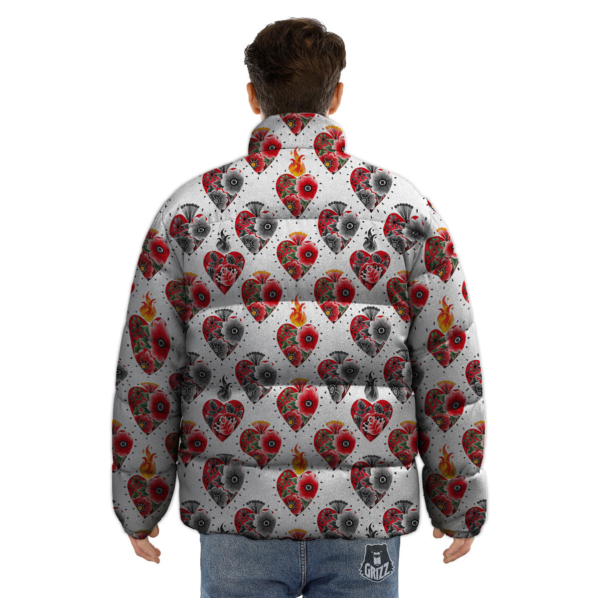 Watercolor Flaming Heart Tattoo Print Pattern Puffer Jacket-grizzshop