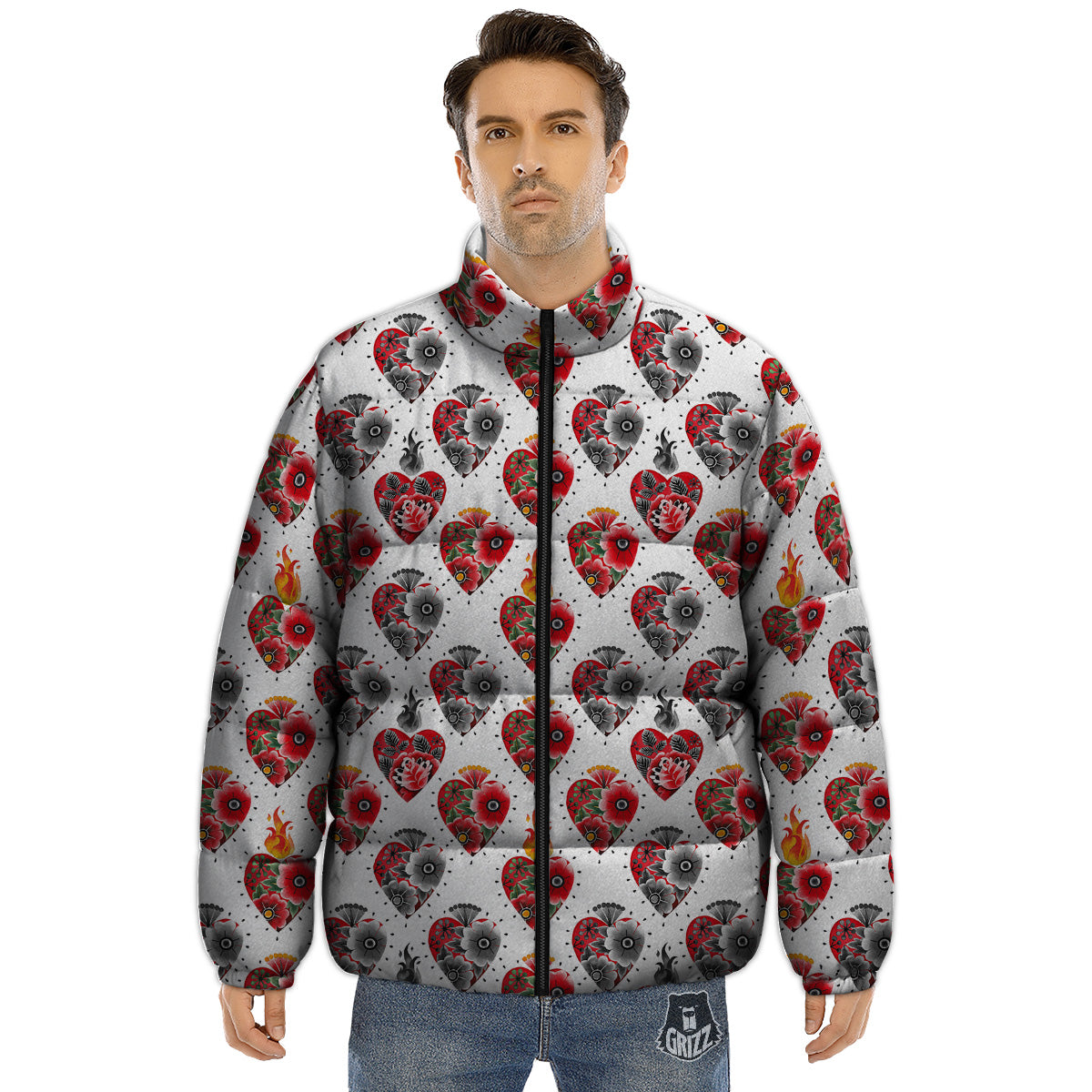 Watercolor Flaming Heart Tattoo Print Pattern Puffer Jacket-grizzshop