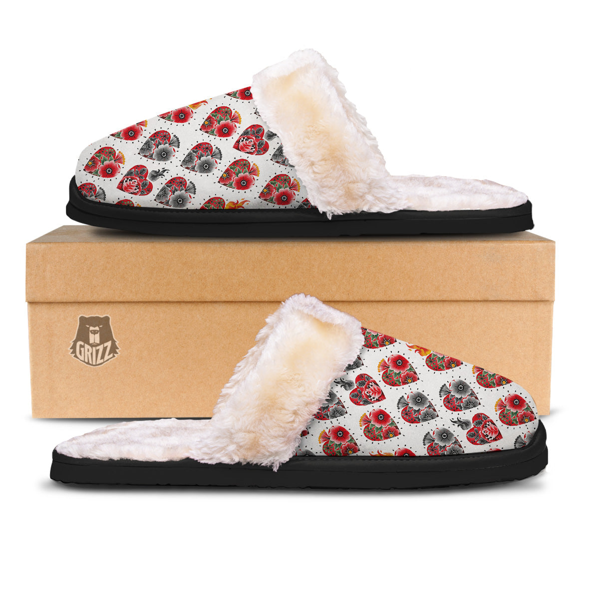 Watercolor Flaming Heart Tattoo Print Pattern Slippers-grizzshop