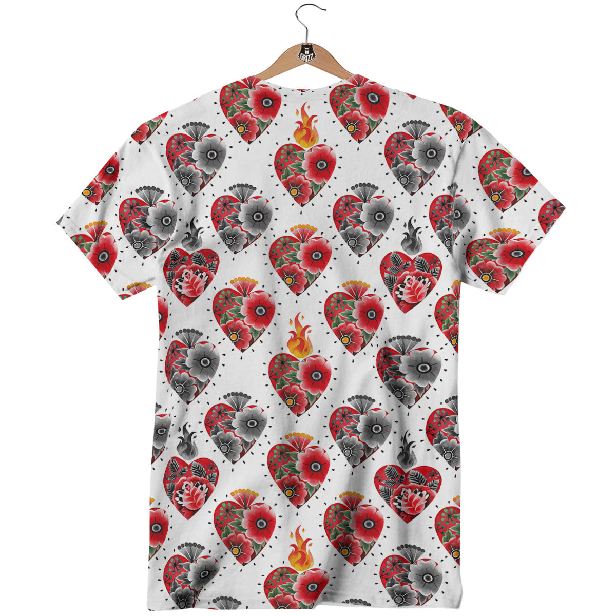Watercolor Flaming Heart Tattoo Print Pattern T-Shirt-grizzshop