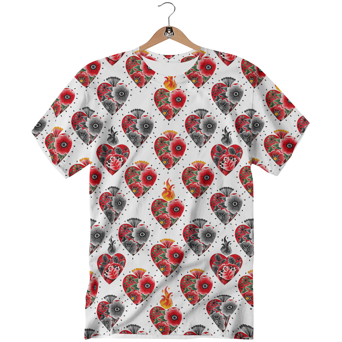 Watercolor Flaming Heart Tattoo Print Pattern T-Shirt-grizzshop