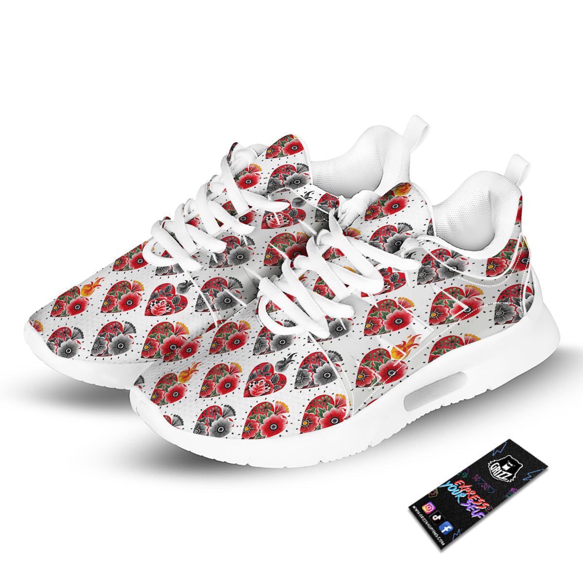 Watercolor Flaming Heart Tattoo Print Pattern Tennis Shoes-grizzshop
