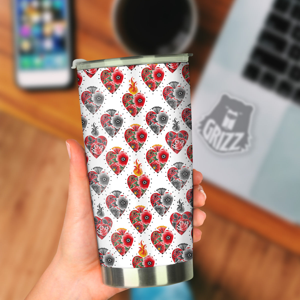 Watercolor Flaming Heart Tattoo Print Pattern Tumbler-grizzshop