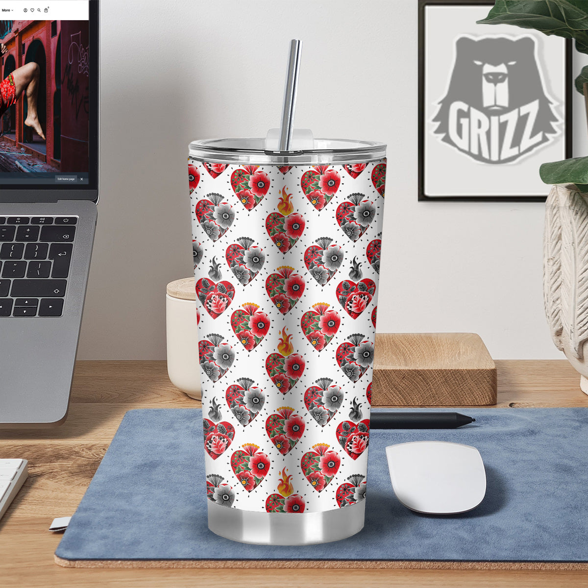 Watercolor Flaming Heart Tattoo Print Pattern Tumbler-grizzshop