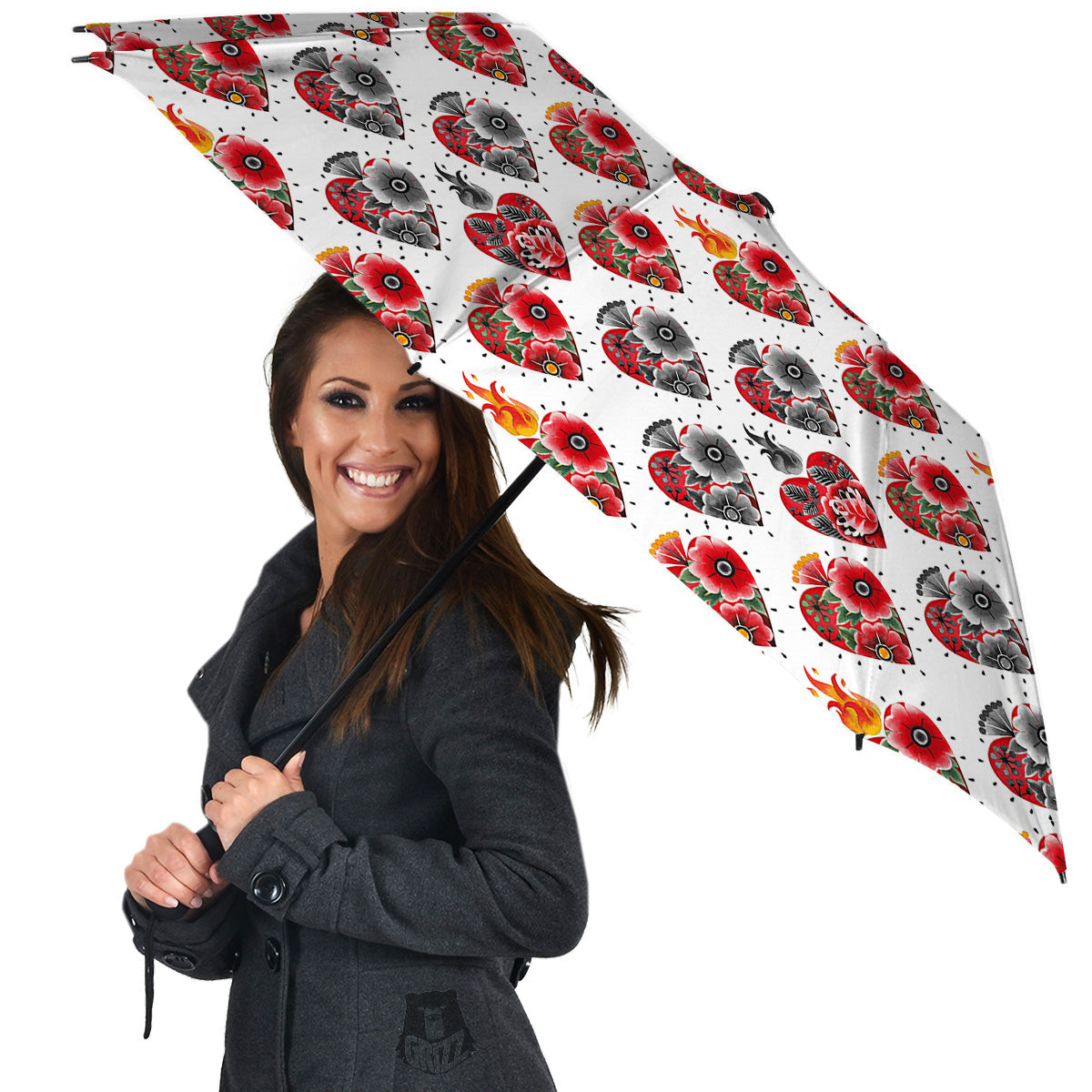 Watercolor Flaming Heart Tattoo Print Pattern Umbrella-grizzshop