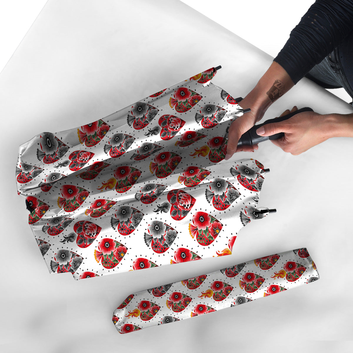 Watercolor Flaming Heart Tattoo Print Pattern Umbrella-grizzshop