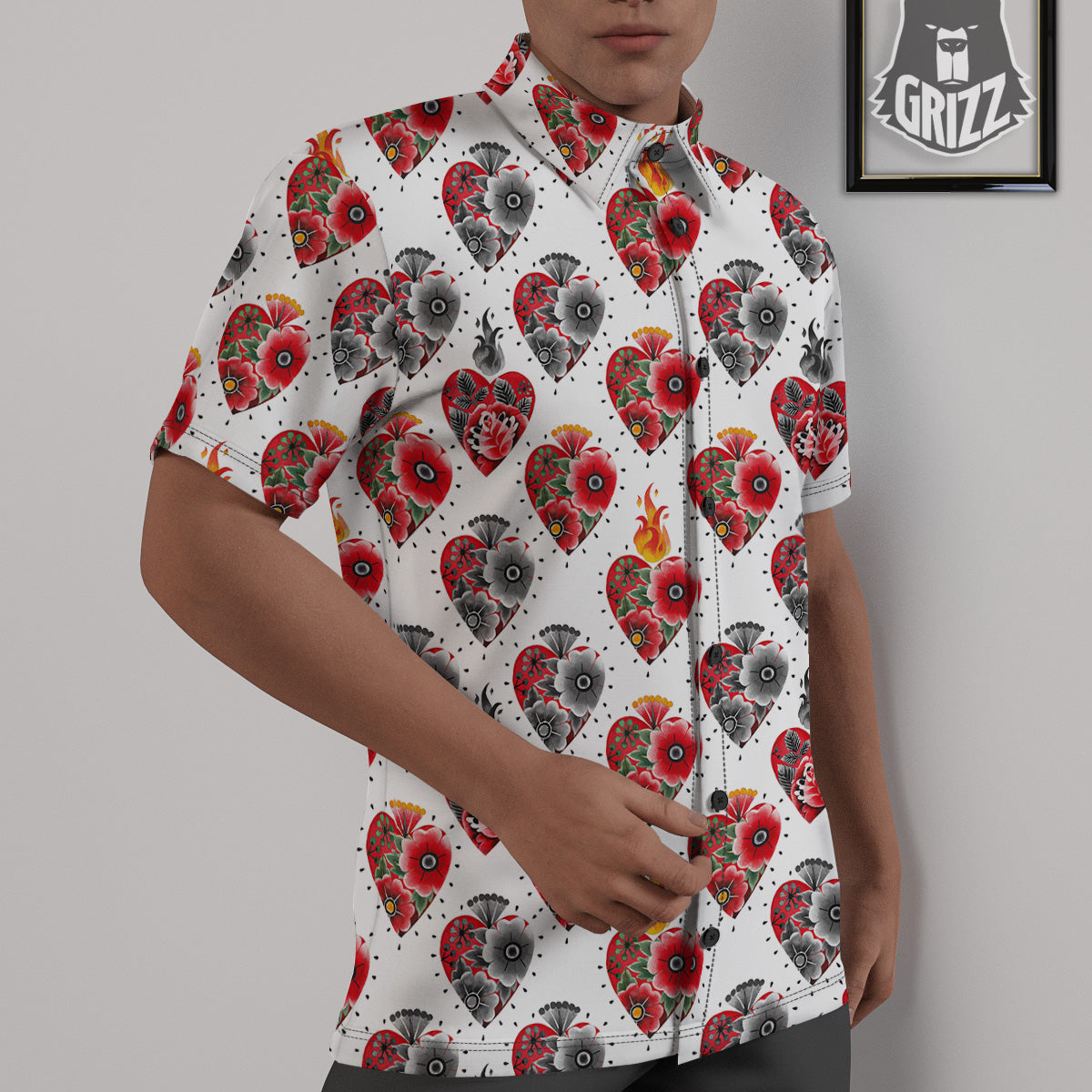Watercolor Flaming Heart Tattoo Print Pattern Untucked Shirts-grizzshop