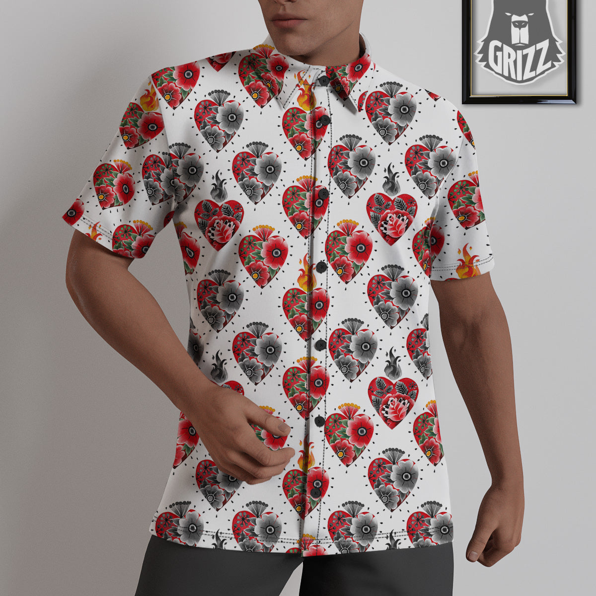 Watercolor Flaming Heart Tattoo Print Pattern Untucked Shirts-grizzshop