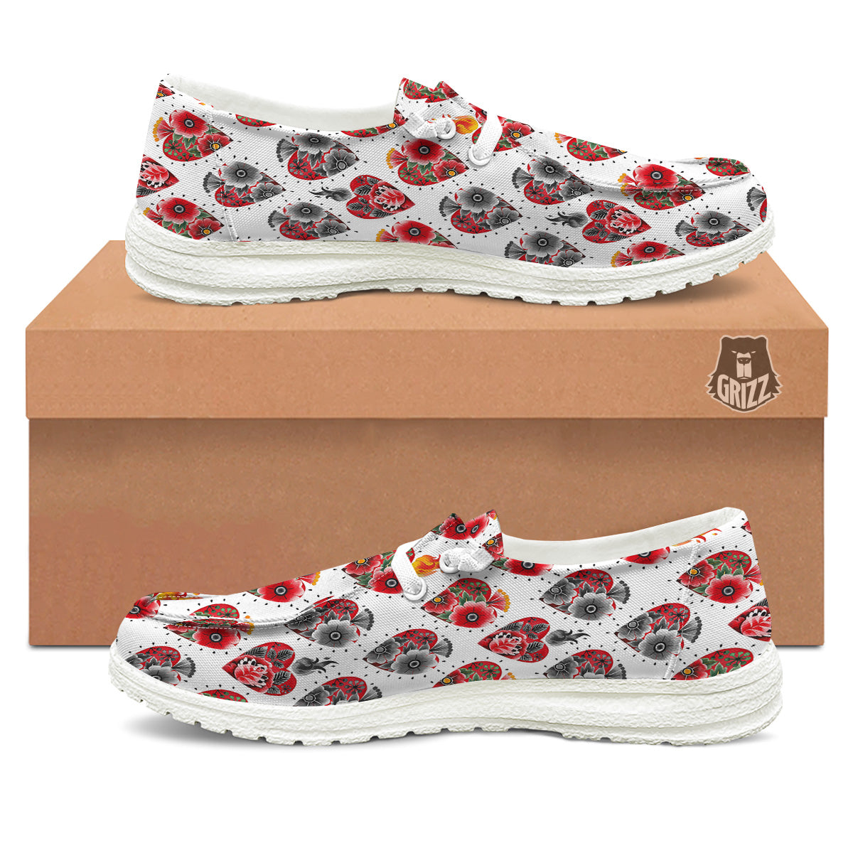 Watercolor Flaming Heart Tattoo Print Pattern White Loafers-grizzshop