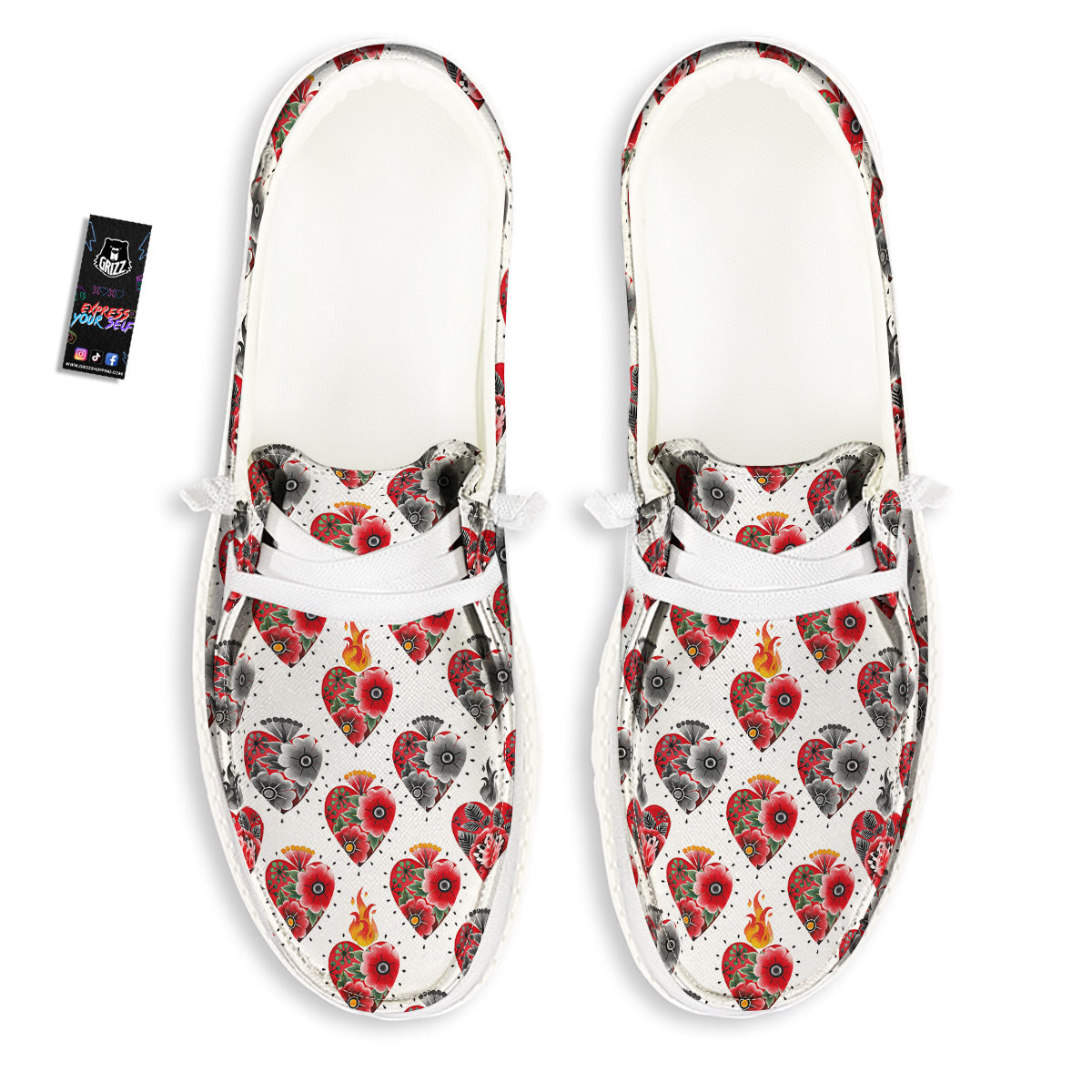 Watercolor Flaming Heart Tattoo Print Pattern White Loafers-grizzshop